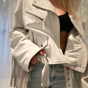 NASTYGAL White Leather Oversized Fringe Jacket
